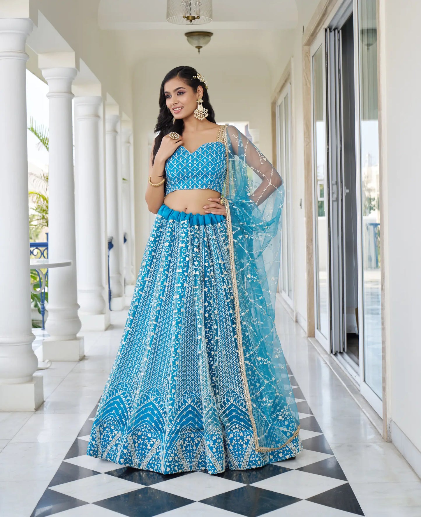 Pacific Blue Net Lehenga Choli With Cotton Thread Work & Sequence Embroidery Work