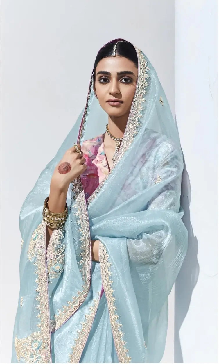 Sky Blue Glass Organza Saree With Digital Print,  Sequence & Thread Embroidery Work