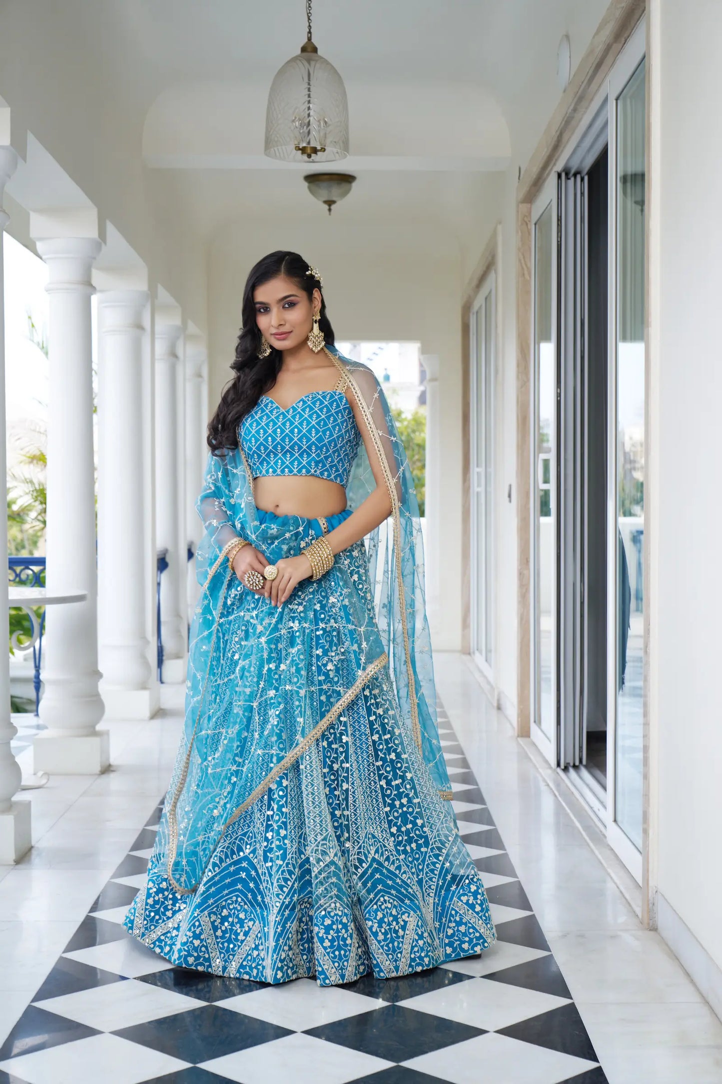Pacific Blue Net Lehenga Choli With Cotton Thread Work & Sequence Embroidery Work