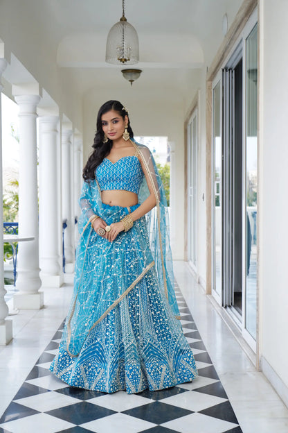 Pacific Blue Net Lehenga Choli With Cotton Thread Work & Sequence Embroidery Work