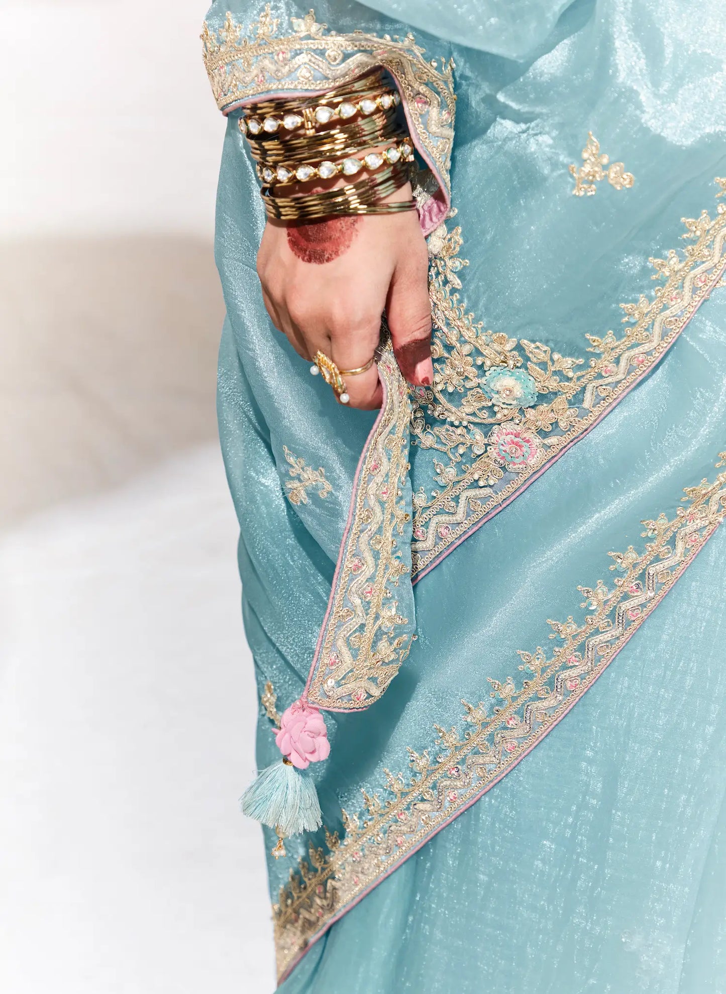 Sky Blue Glass Organza Saree With Digital Print,  Sequence & Thread Embroidery Work