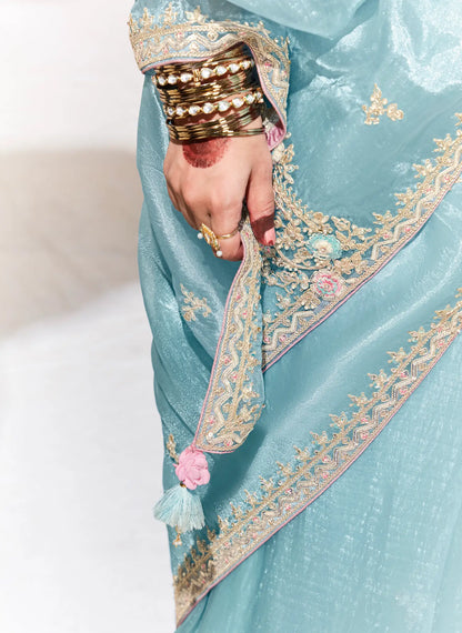 Sky Blue Glass Organza Saree With Digital Print,  Sequence & Thread Embroidery Work