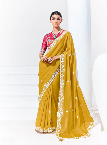Yellow Glass Organza Saree With Digital Print,  Sequence & Thread Embroidery Work