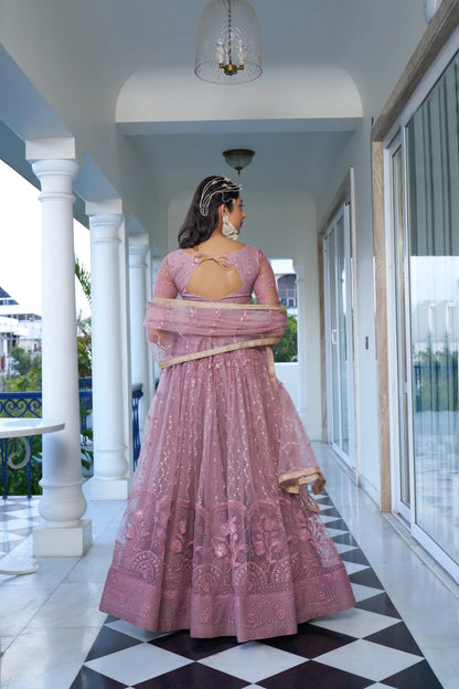 Dusty Pink Net Lehenga Choli With Cotton Thread Work & Sequence Embroidery Work