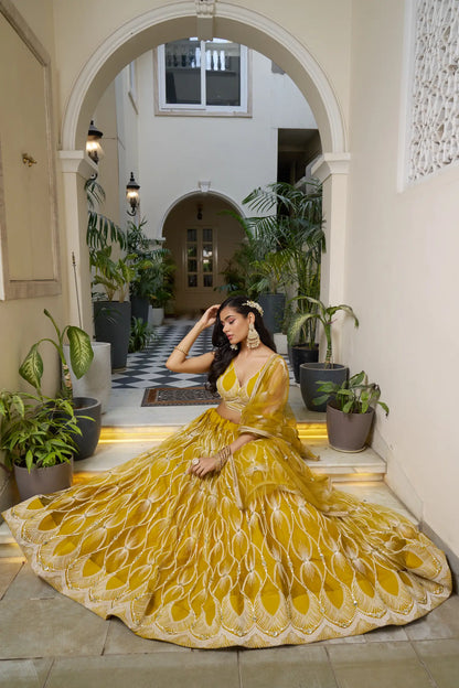 Mustard Net Lehenga Choli With Cotton Thread Work & Sequence Embroidery Work