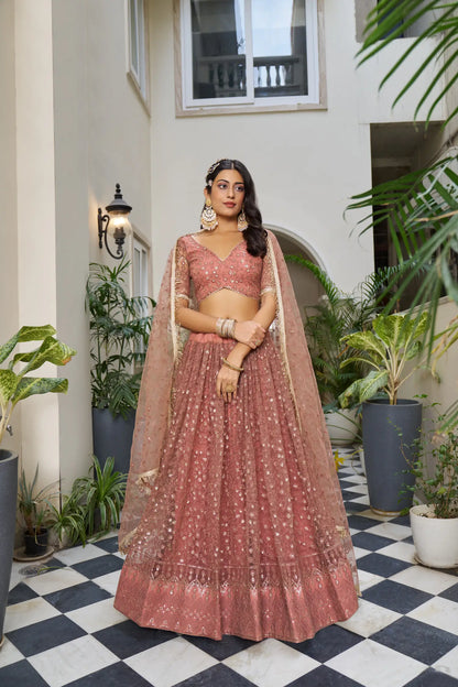Rust Brown Net Lehenga Choli With Cotton Thread Work & Sequence Embroidery Work