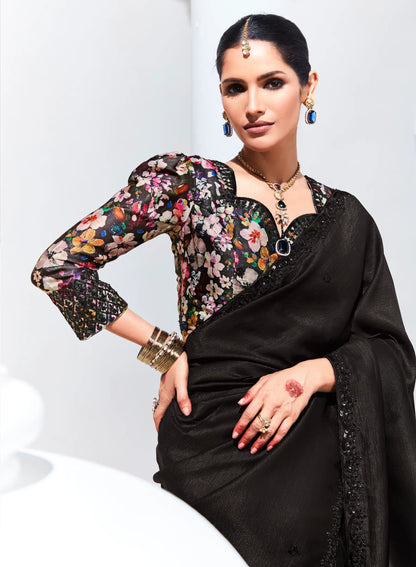 Black Glass Organza Saree With Digital Print,  Sequence & Thread Embroidery Work