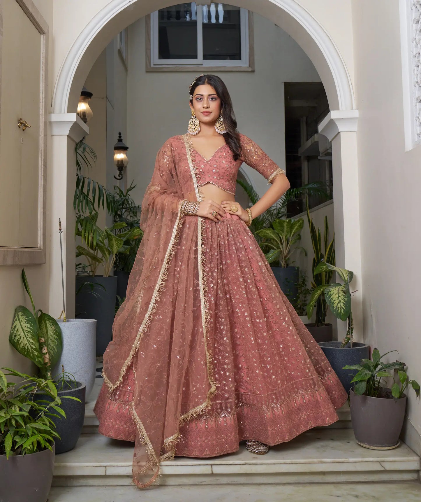 Rust Brown Net Lehenga Choli With Cotton Thread Work & Sequence Embroidery Work