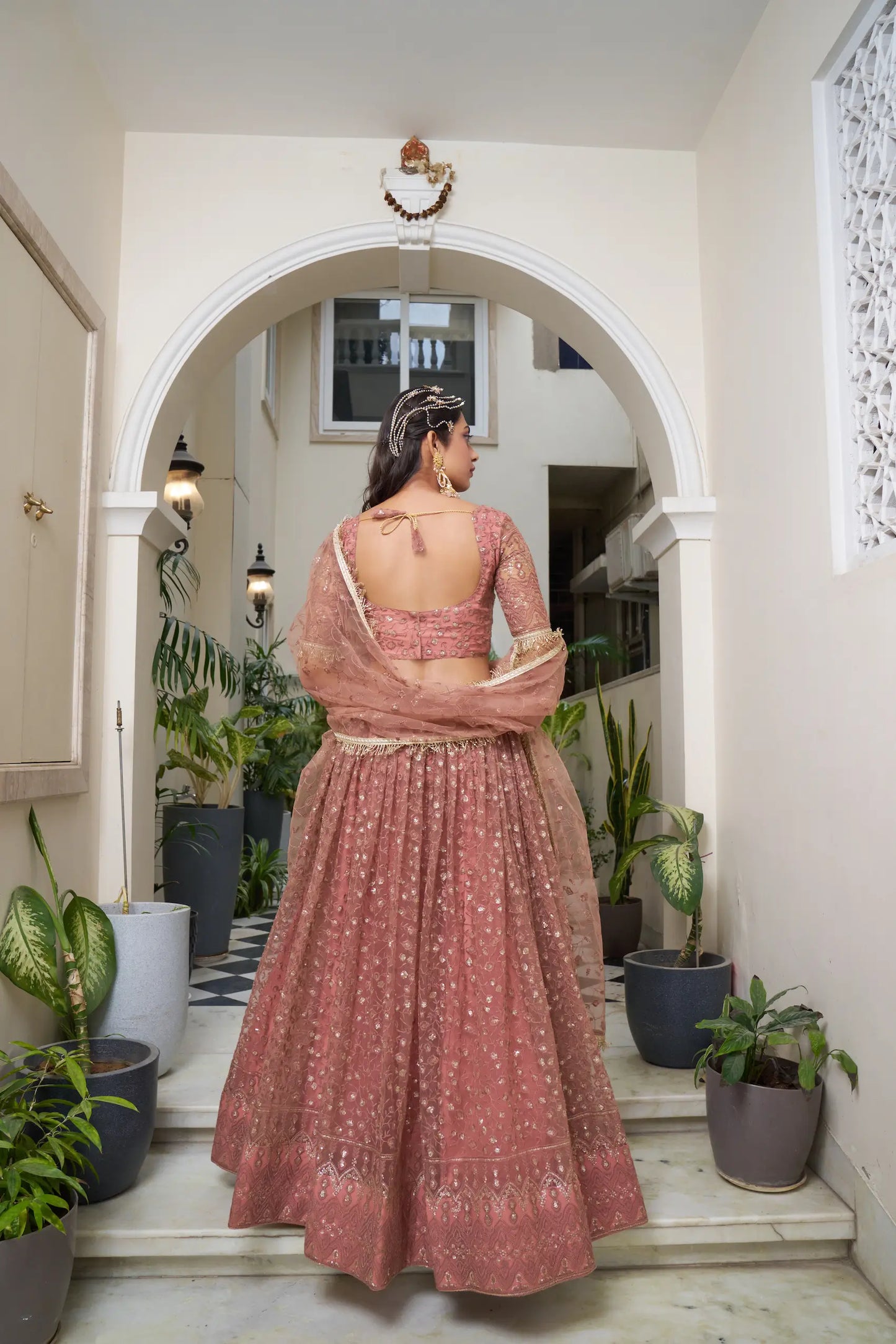 Rust Brown Net Lehenga Choli With Cotton Thread Work & Sequence Embroidery Work