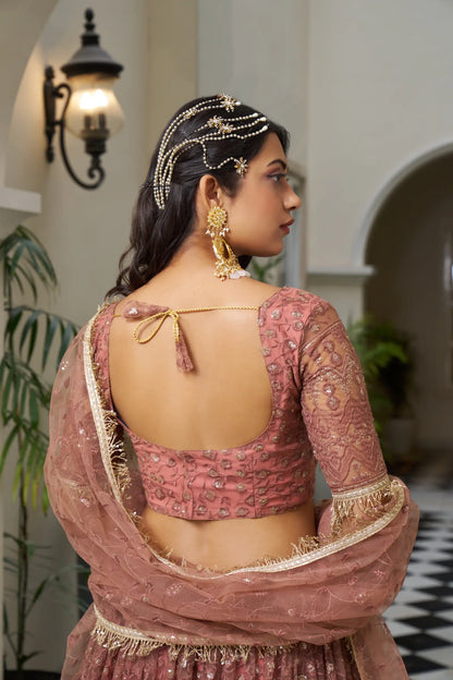 Rust Brown Net Lehenga Choli With Cotton Thread Work & Sequence Embroidery Work