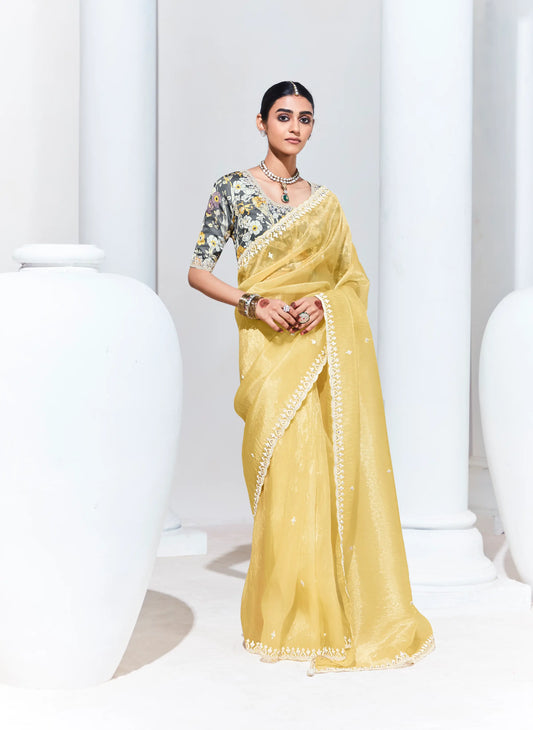 Lime Yellow Glass Organza Saree With Digital Print,  Sequence & Thread Embroidery Work