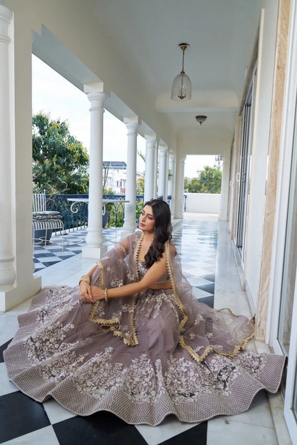 Dusty Rose Net Lehenga Choli With Cotton Thread Work & Sequence Embroidery Work