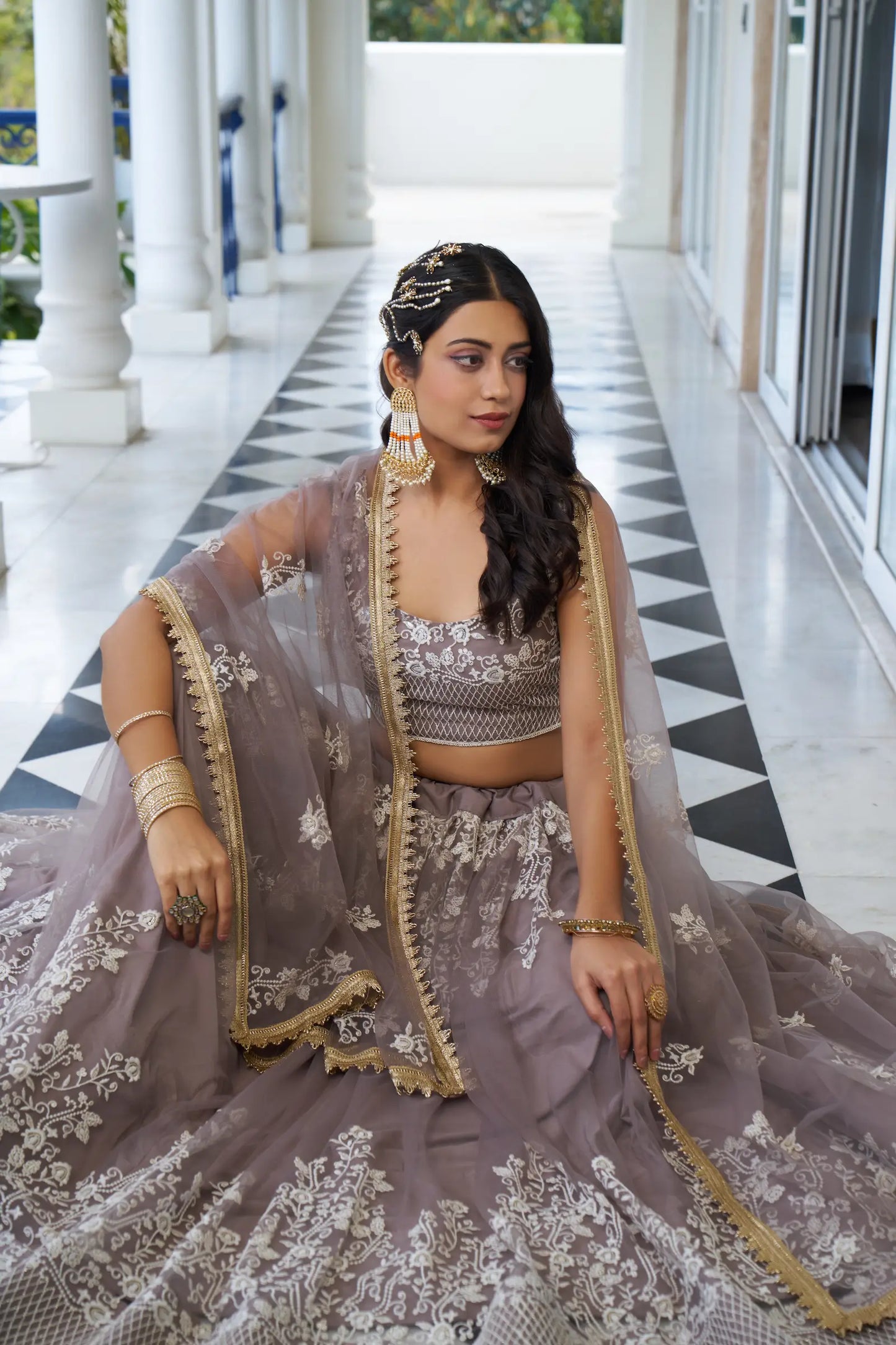 Dusty Rose Net Lehenga Choli With Cotton Thread Work & Sequence Embroidery Work