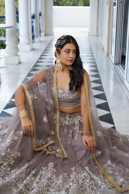 Dusty Rose Net Lehenga Choli With Cotton Thread Work & Sequence Embroidery Work