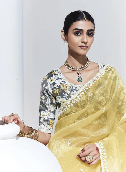 Lime Yellow Glass Organza Saree With Digital Print,  Sequence & Thread Embroidery Work