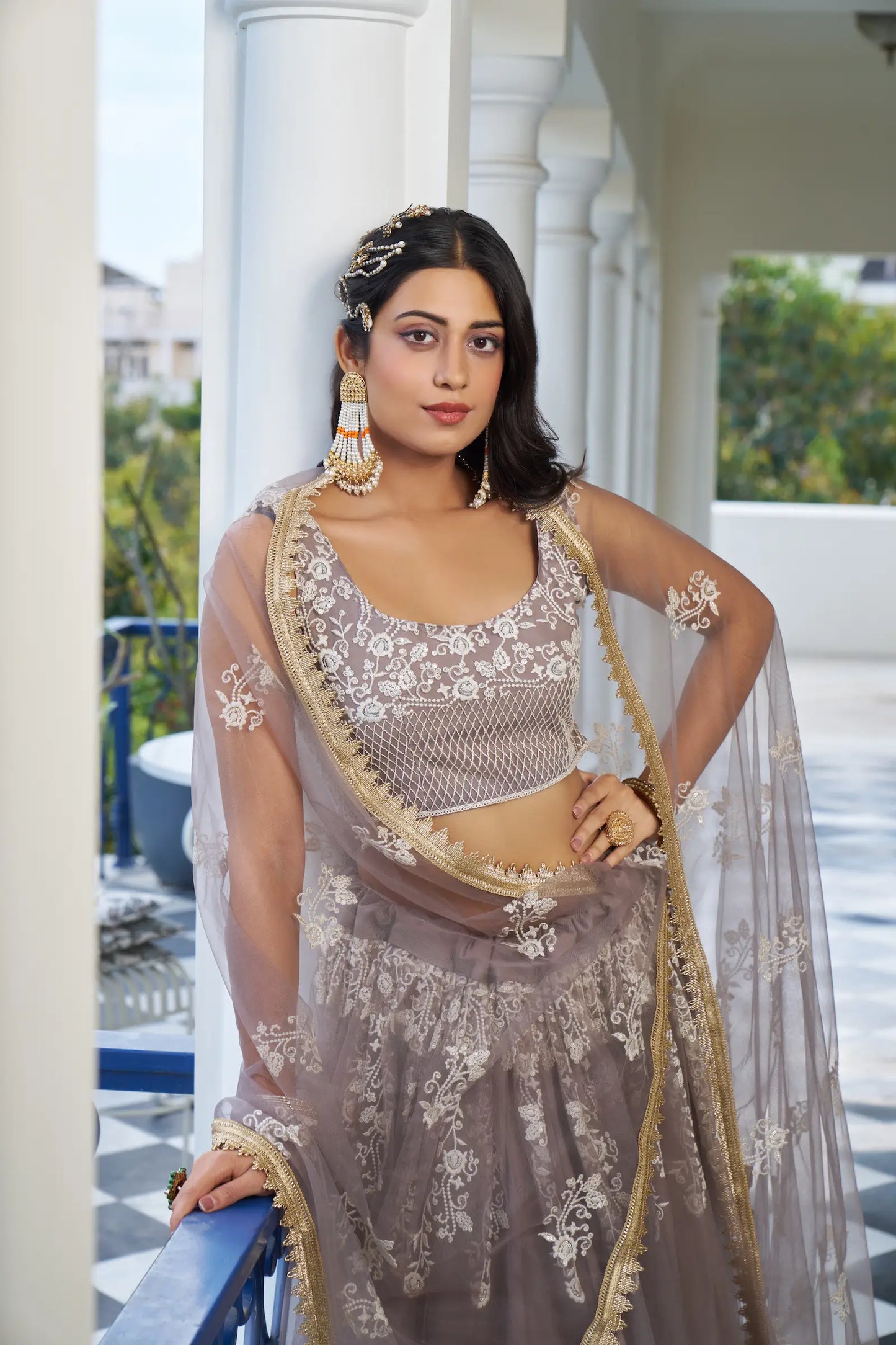 Dusty Rose Net Lehenga Choli With Cotton Thread Work & Sequence Embroidery Work