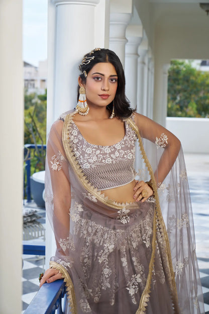 Dusty Rose Net Lehenga Choli With Cotton Thread Work & Sequence Embroidery Work