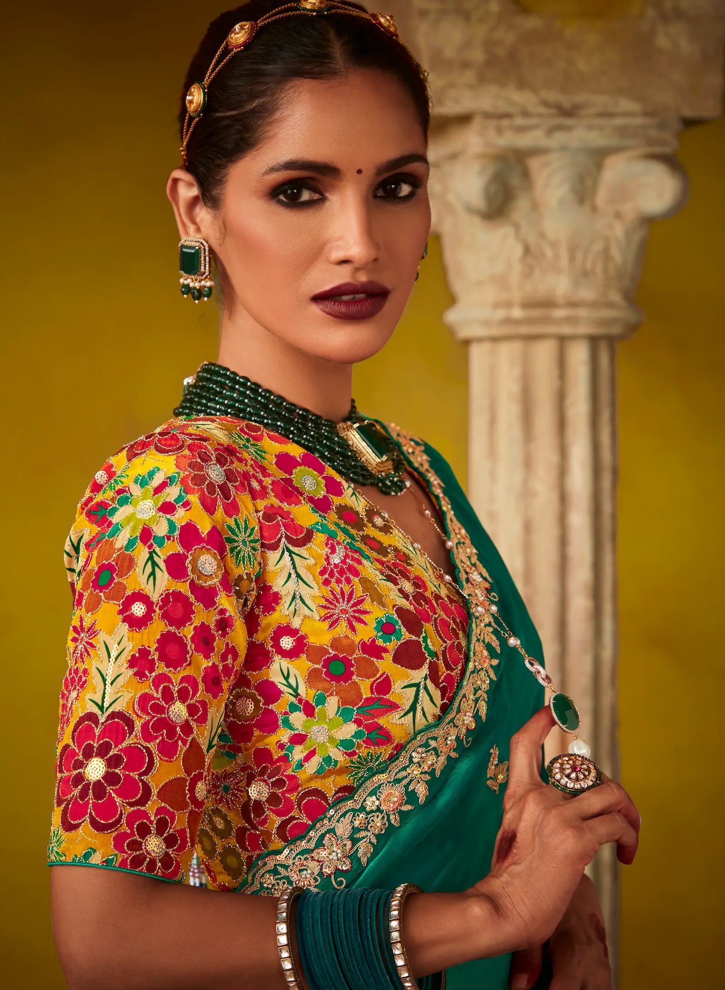 Green Glass Tissue Saree With Digital Print,  Sequence & Thread Embroidery Work