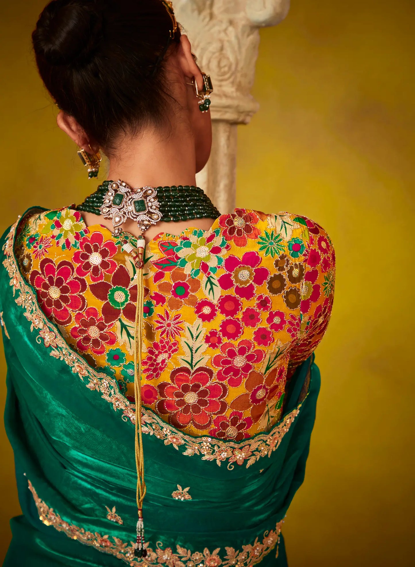 Green Glass Tissue Saree With Digital Print,  Sequence & Thread Embroidery Work