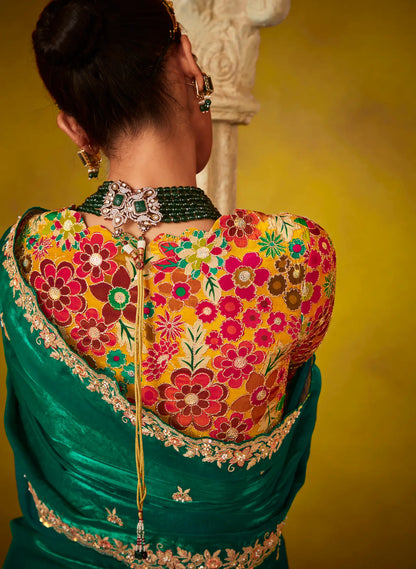 Green Glass Tissue Saree With Digital Print,  Sequence & Thread Embroidery Work