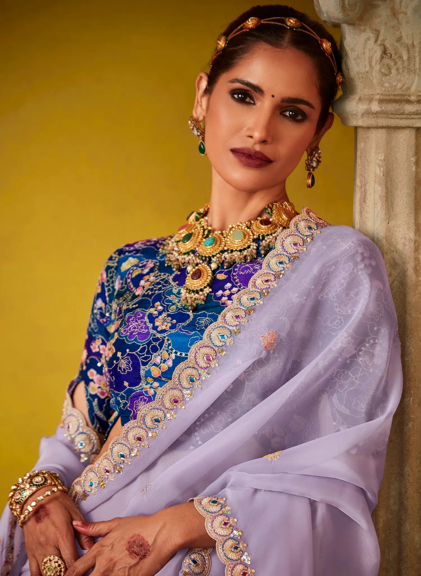 Lavender Glass Tissue Saree With Digital Print,  Sequence & Thread Embroidery Work