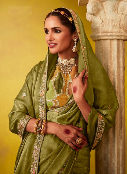 Olive Green Glass Tissue Saree With Digital Print,  Sequence & Thread Embroidery Work