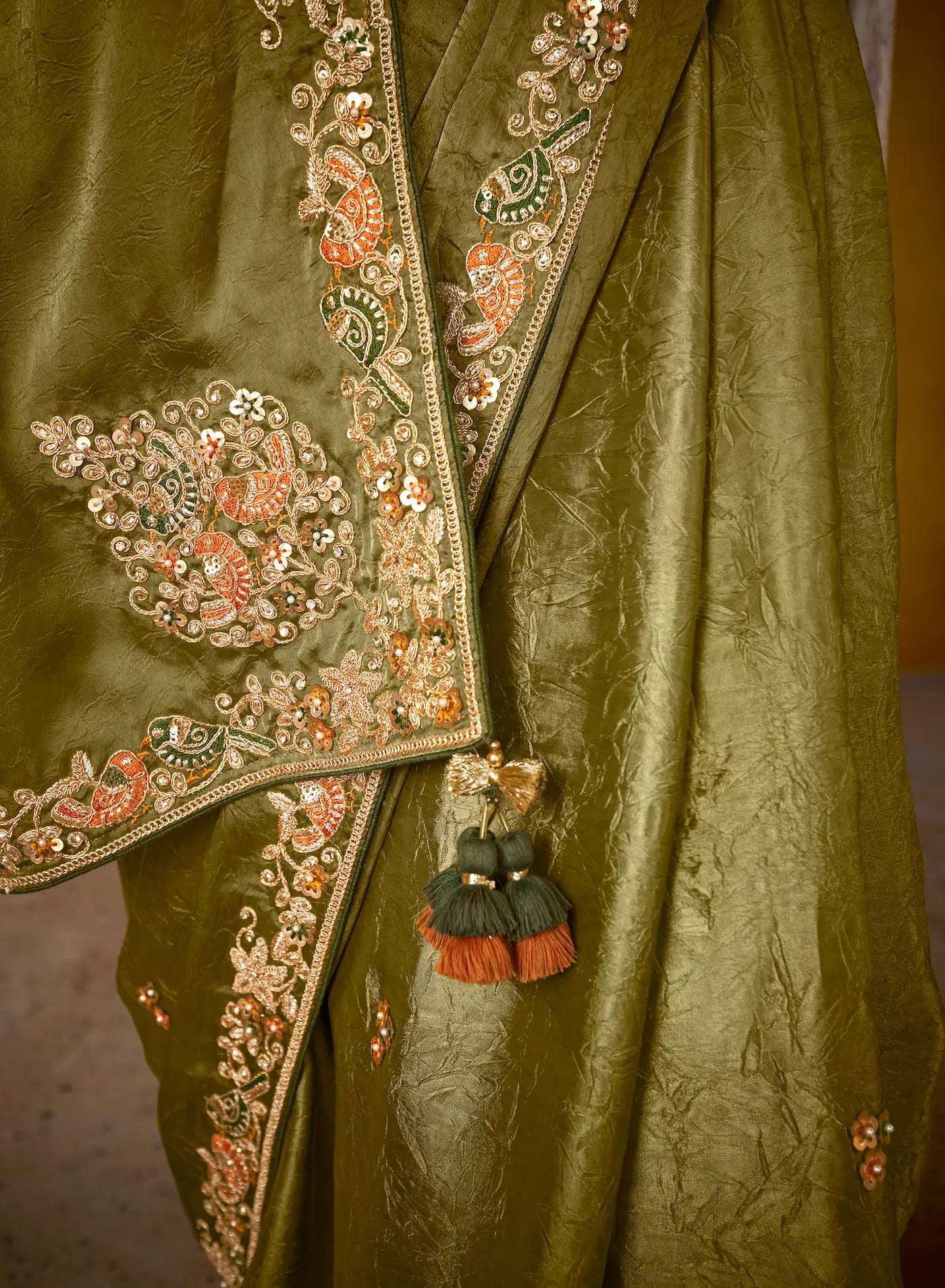 Olive Green Glass Tissue Saree With Digital Print,  Sequence & Thread Embroidery Work