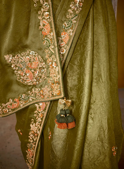 Olive Green Glass Tissue Saree With Digital Print,  Sequence & Thread Embroidery Work