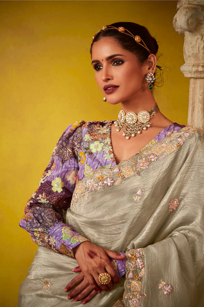 Grey Glass Tissue Saree With Digital Print,  Sequence & Thread Embroidery Work