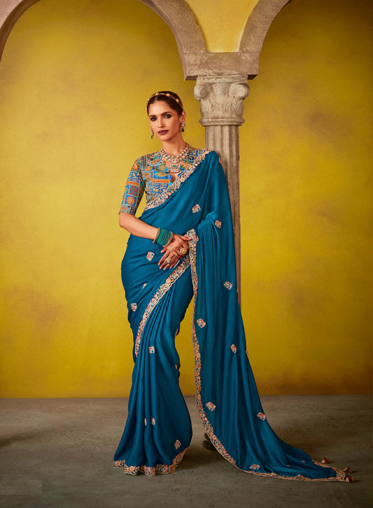 Teal Blue Glass Tissue Saree With Digital Print,  Sequence & Thread Embroidery Work