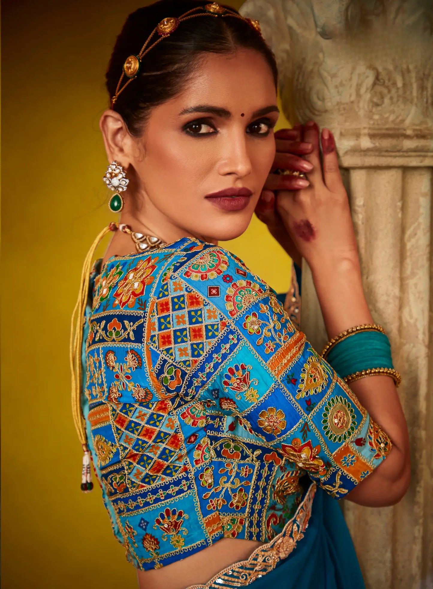 Teal Blue Glass Tissue Saree With Digital Print,  Sequence & Thread Embroidery Work