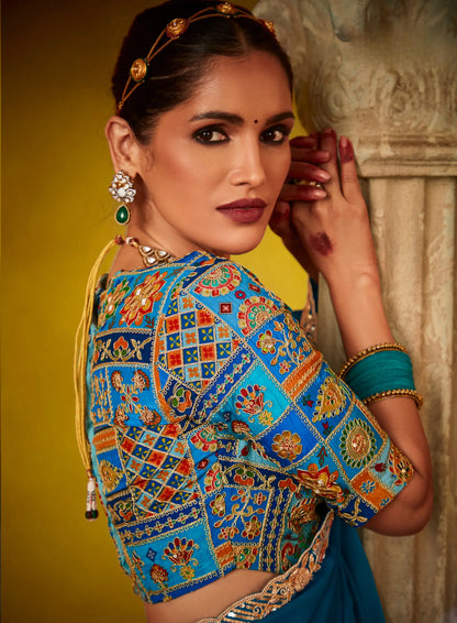 Teal Blue Glass Tissue Saree With Digital Print,  Sequence & Thread Embroidery Work