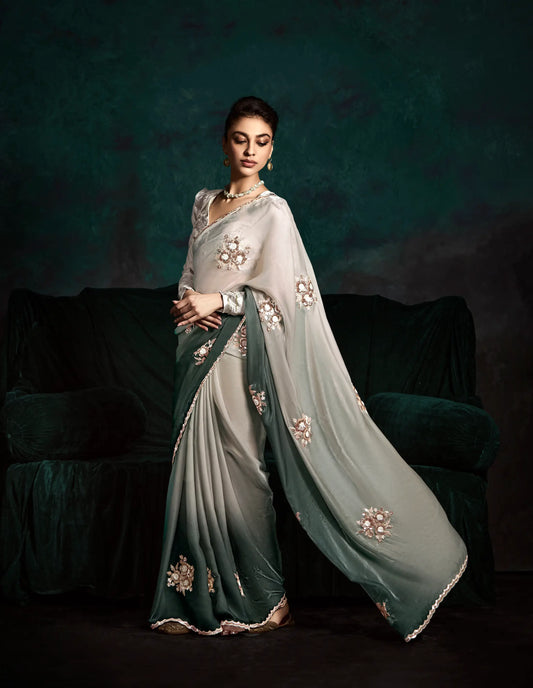 Shaded Glass Organza Saree With Digital Print,  Sequence & Thread Embroidery Work