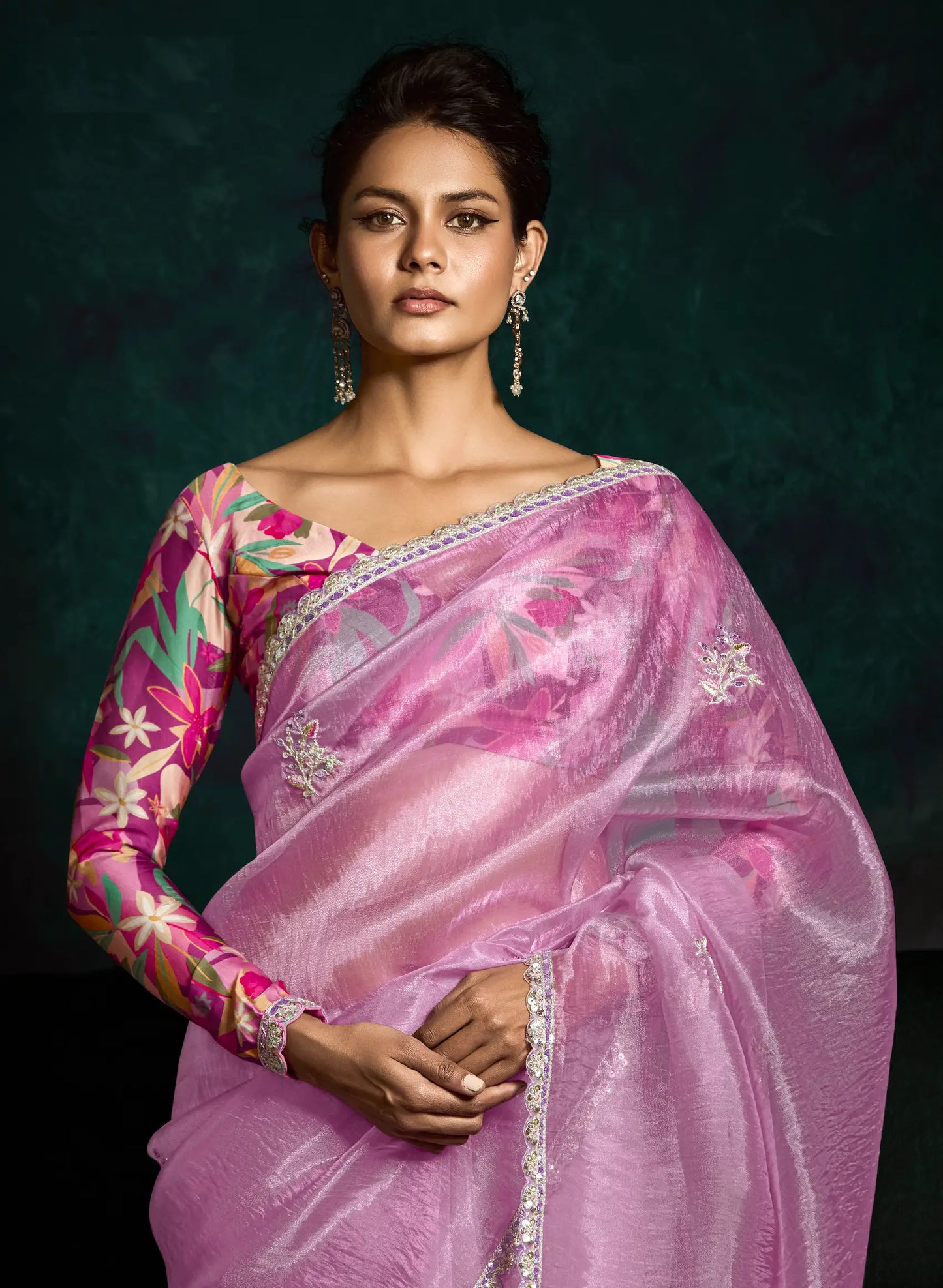 Blush Pink Glass Organza Saree With Digital Print,  Sequence & Thread Embroidery Work