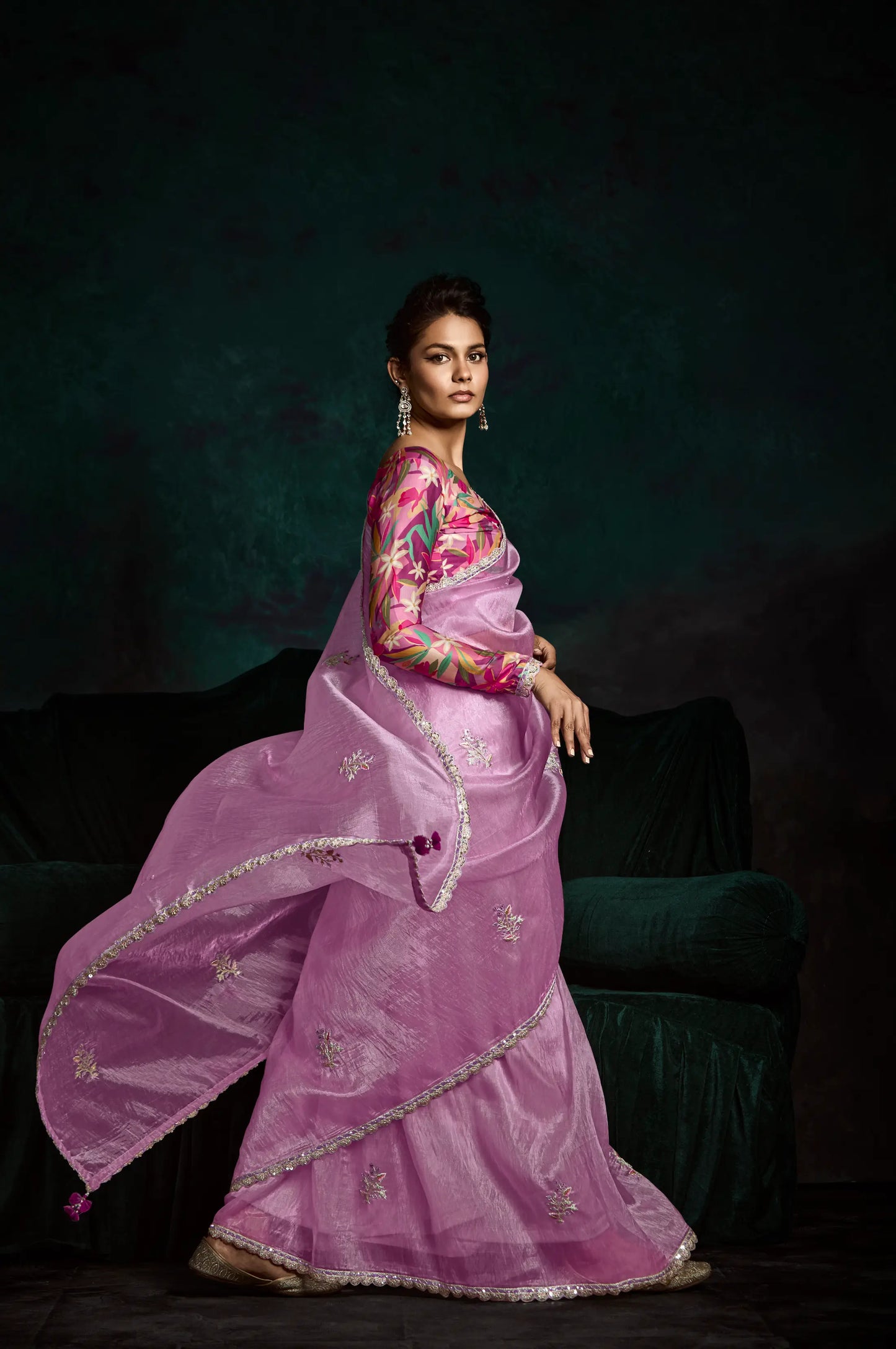 Blush Pink Glass Organza Saree With Digital Print,  Sequence & Thread Embroidery Work