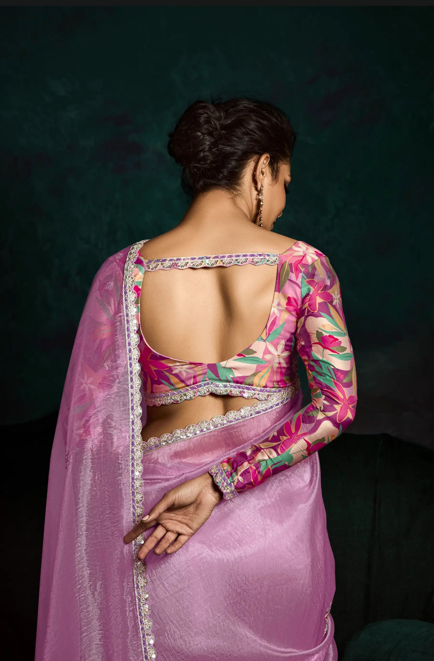 Blush Pink Glass Organza Saree With Digital Print,  Sequence & Thread Embroidery Work