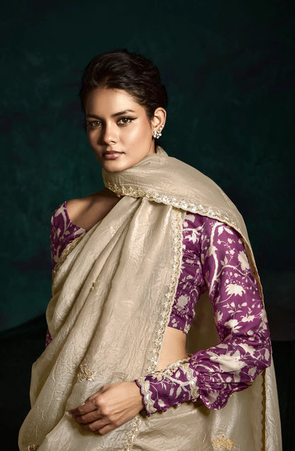 Beige Glass Organza Saree With Digital Print,  Sequence & Thread Embroidery Work