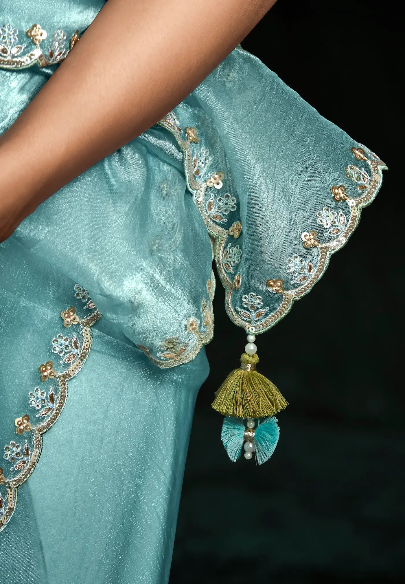 Sky Blue Glass Organza Saree With Digital Print,  Sequence & Thread Embroidery Work