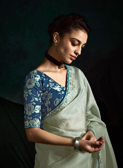 Pastel Grey Glass Organza Saree With Digital Print,  Sequence & Thread Embroidery Work