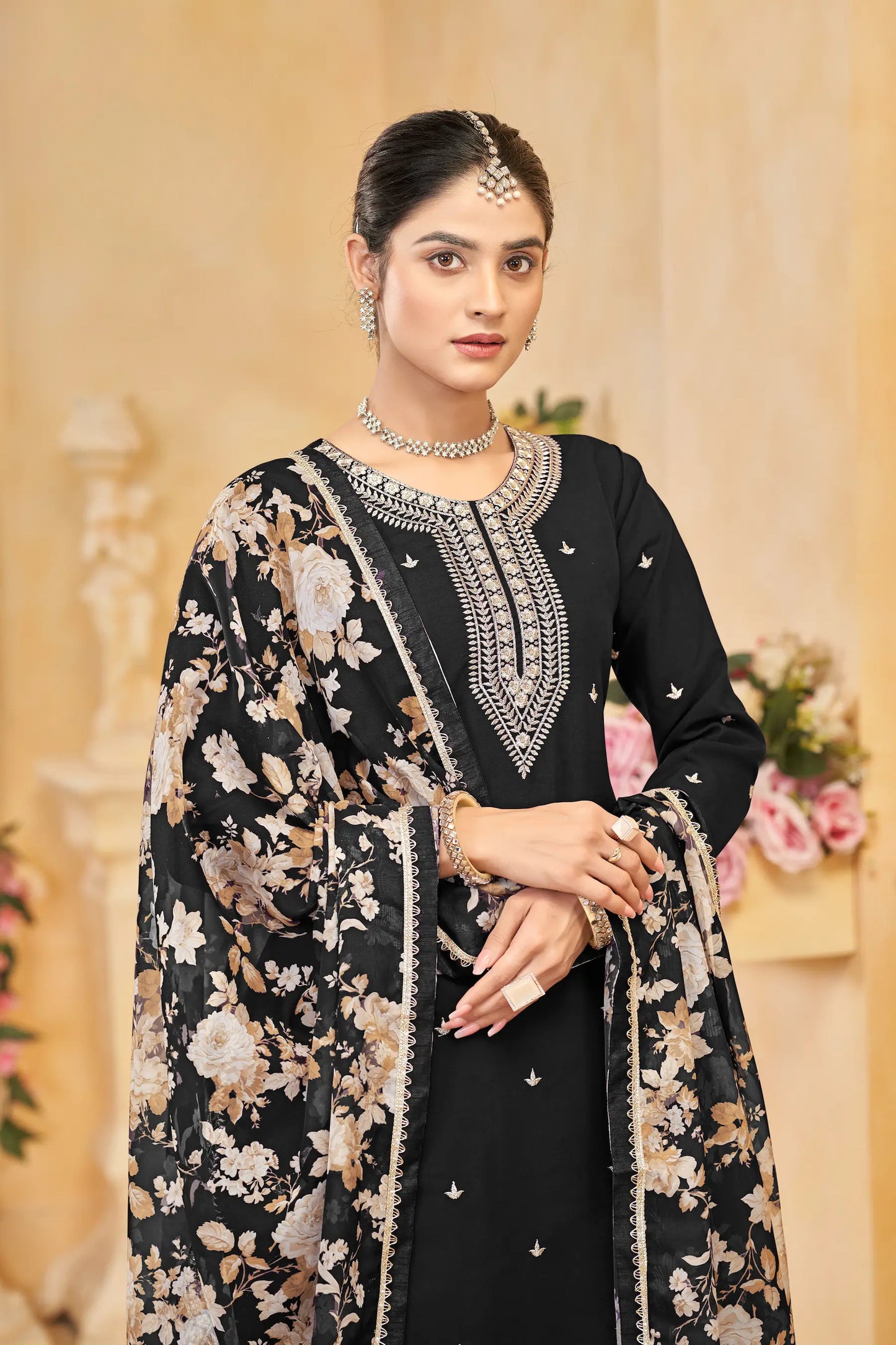 Black Roman Silk Thread & Sequins Embroidery Work Palazzo Set