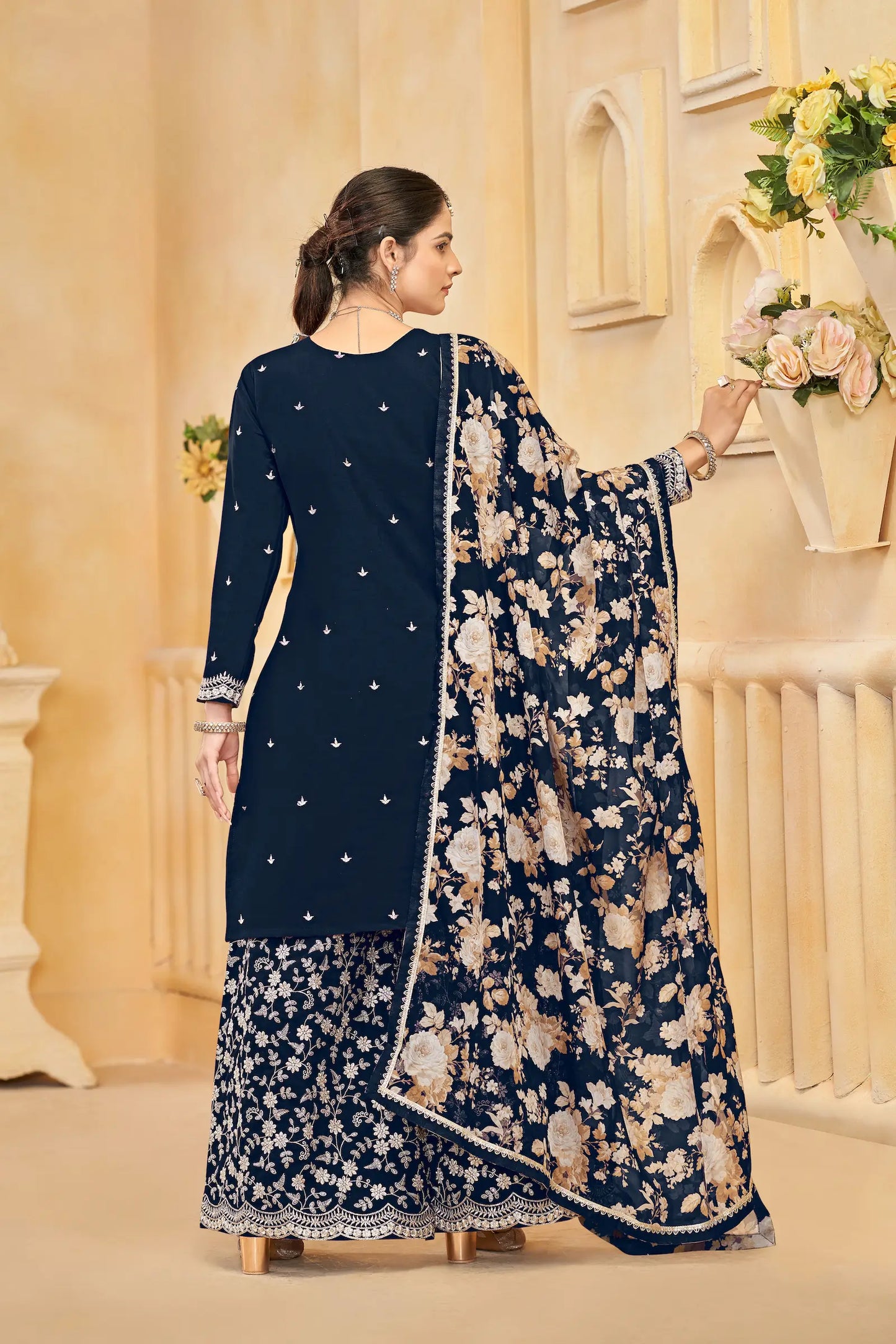Navy Blue Roman Silk Thread & Sequins Embroidery Work Palazzo Set