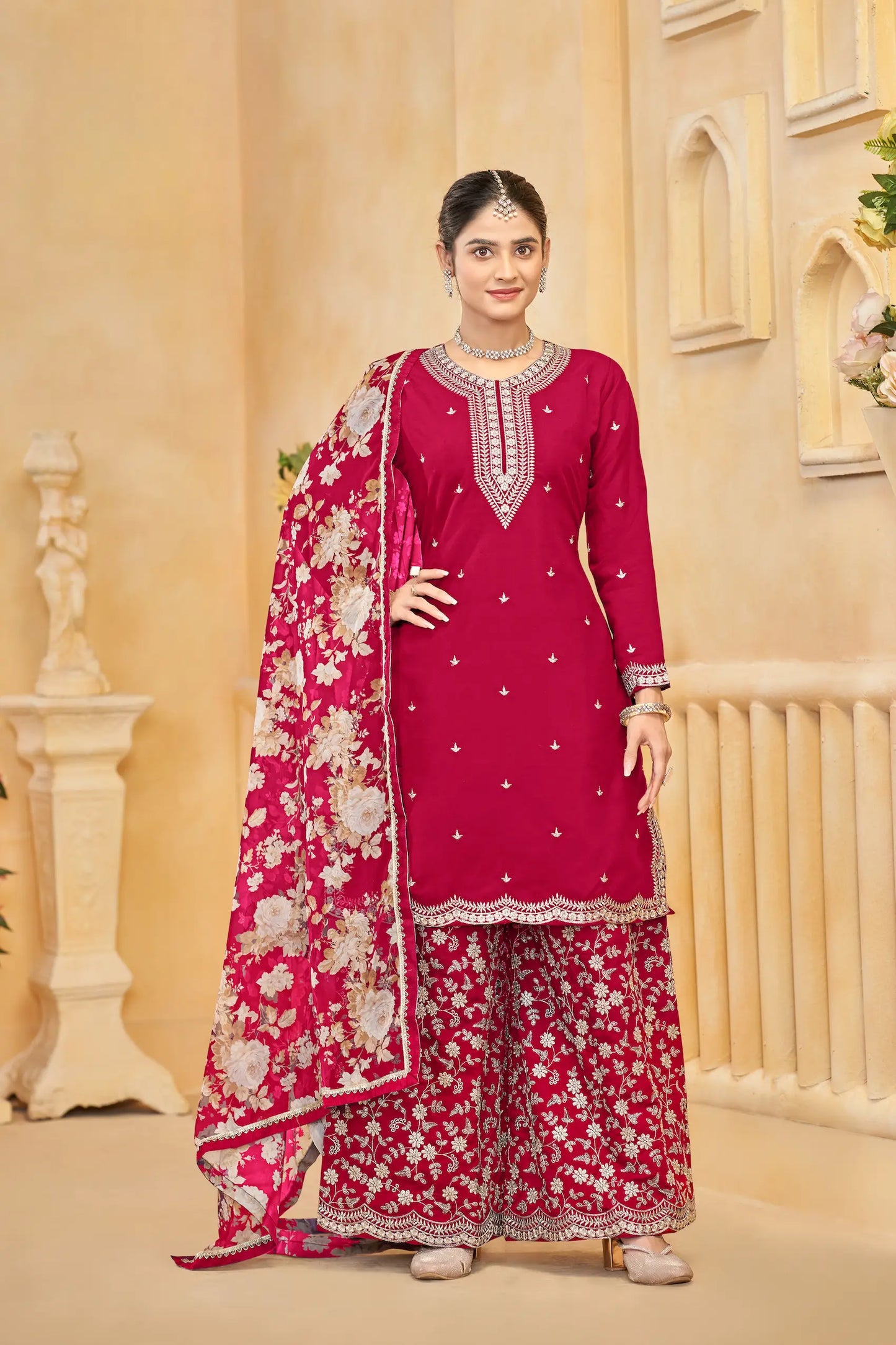 Red Roman Silk Thread & Sequins Embroidery Work Palazzo Set