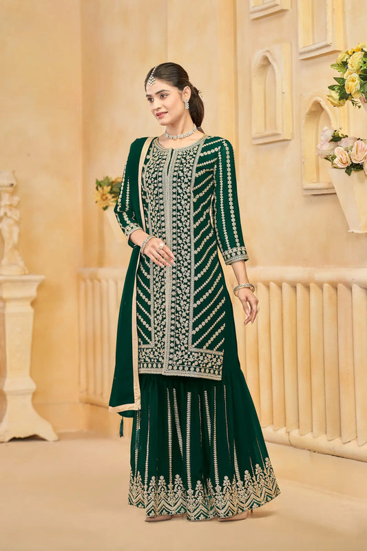 Green Georgette Thread & Sequins Embroidery Work Sharara Set