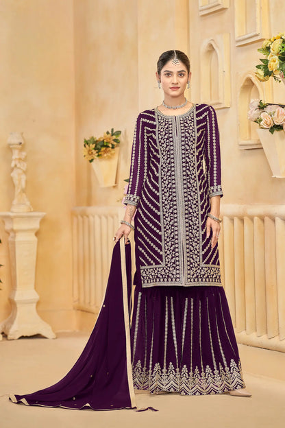 Wine Georgette Thread & Sequins Embroidery Work Sharara Set