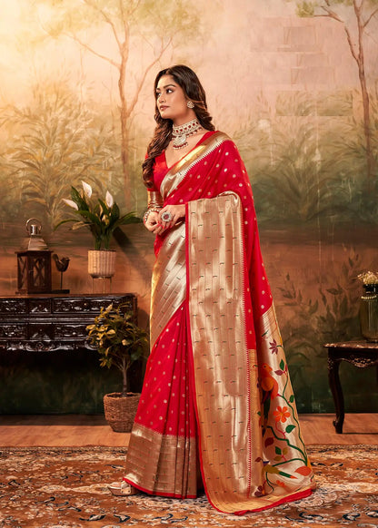 Red Paithani Silk Saree with Woven Border & Pallu