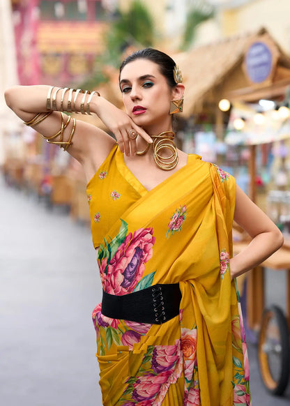 Yellow Georgette Saree with Exclusive Print
