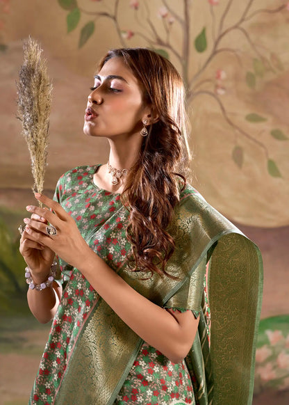 Green  Dola Silk Printed Saree With Zari Border