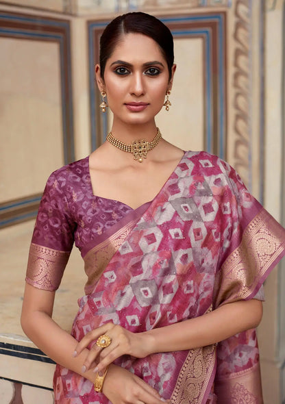 Pink  Handloom Silk Saree  With Digital Print Zari Border