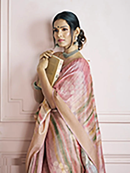 Pink Handloom Khadi Silk Saree with Digital Print & Zari  Border