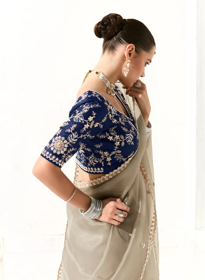 Beige Organza Saree Blouse With Heavy Embroidery work
